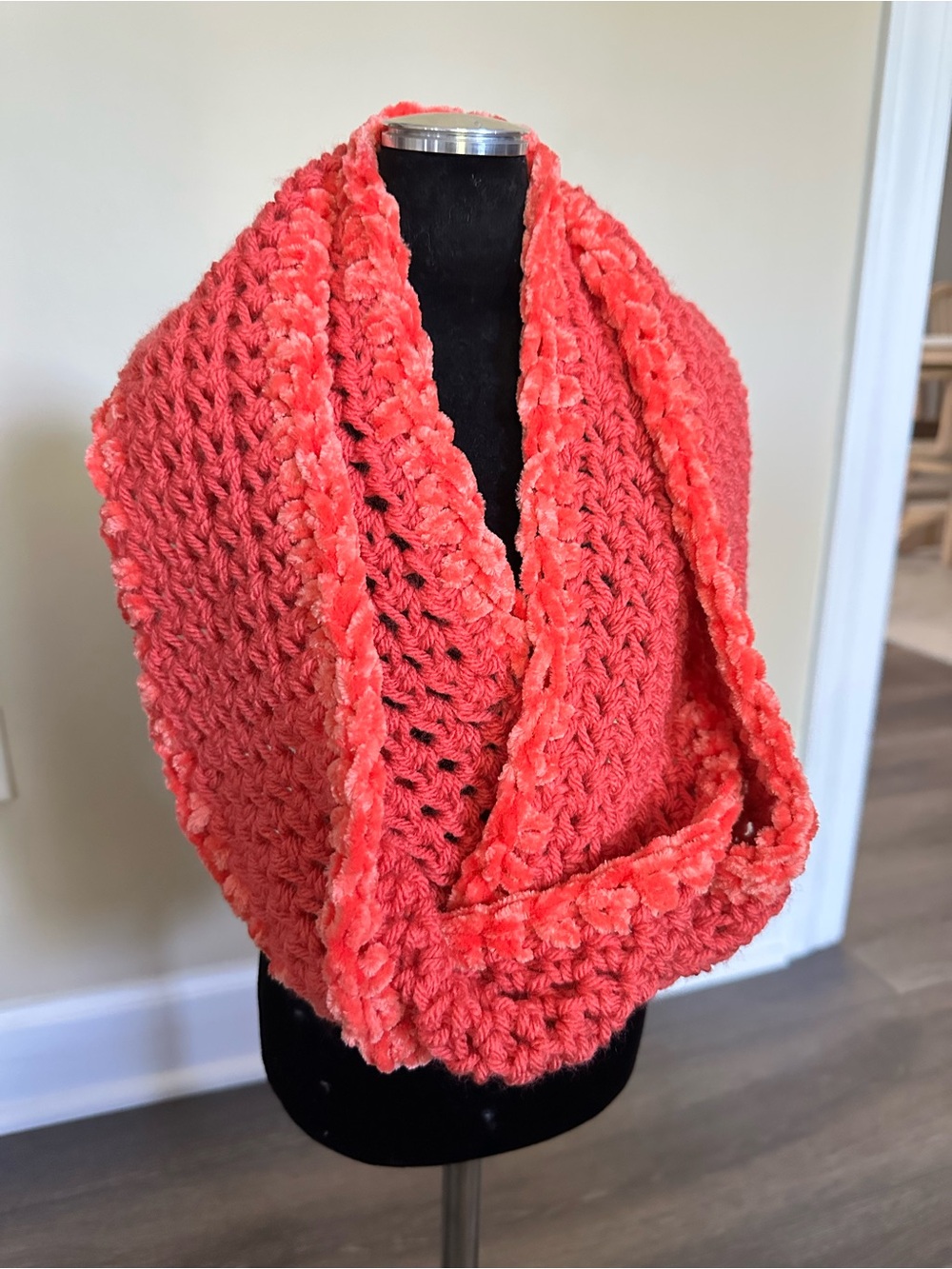 Handmade Plush Crochet Infinity Scarf - Coral Pink